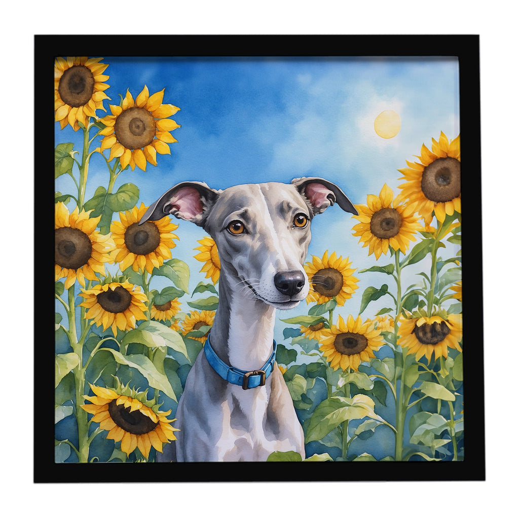 Whippet in Sunflowers Framed Metal Print Bathroom, Kitchen, Office, Home Decor Wall Art Ready to Hang, Square, 8X8