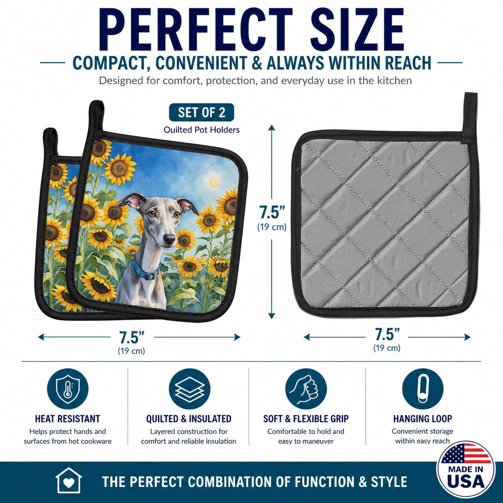 Whippet in Sunflowers Pot Holder Set of 2 Heat Resistant Quilted Hot Pads 7.5 x 7.5 Inch, Insulated Kitchen Trivets for Cooking & Baking