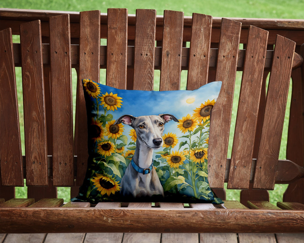 Whippet in Sunflowers Decorative Throw Pillow 14x14 Indoor Outdoor Accent Cushion, Fabric Cover with Insert for Sofa, Bed, Porch & Living Room