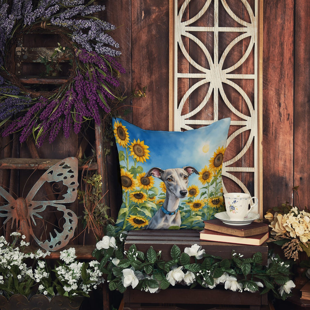 Whippet in Sunflowers Decorative Throw Pillow 14x14 Indoor Outdoor Accent Cushion, Fabric Cover with Insert for Sofa, Bed, Porch & Living Room