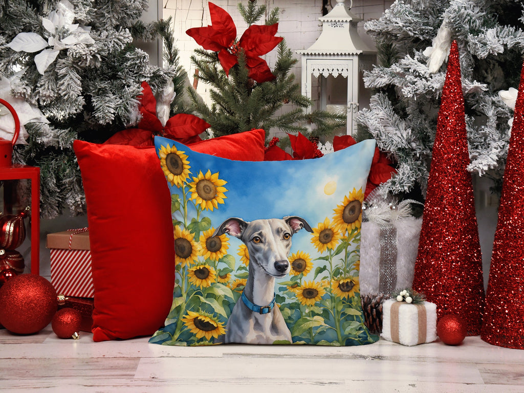 Whippet in Sunflowers Decorative Throw Pillow 14x14 Indoor Outdoor Accent Cushion, Fabric Cover with Insert for Sofa, Bed, Porch & Living Room