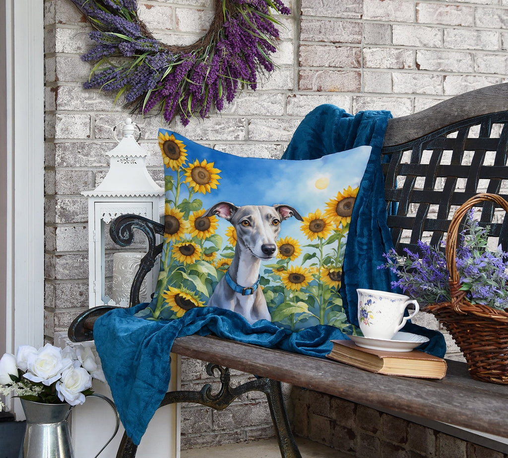 Whippet in Sunflowers Decorative Throw Pillow 18x18 Indoor Outdoor Accent Cushion, Fabric Cover with Insert for Sofa, Bed, Porch & Living Room