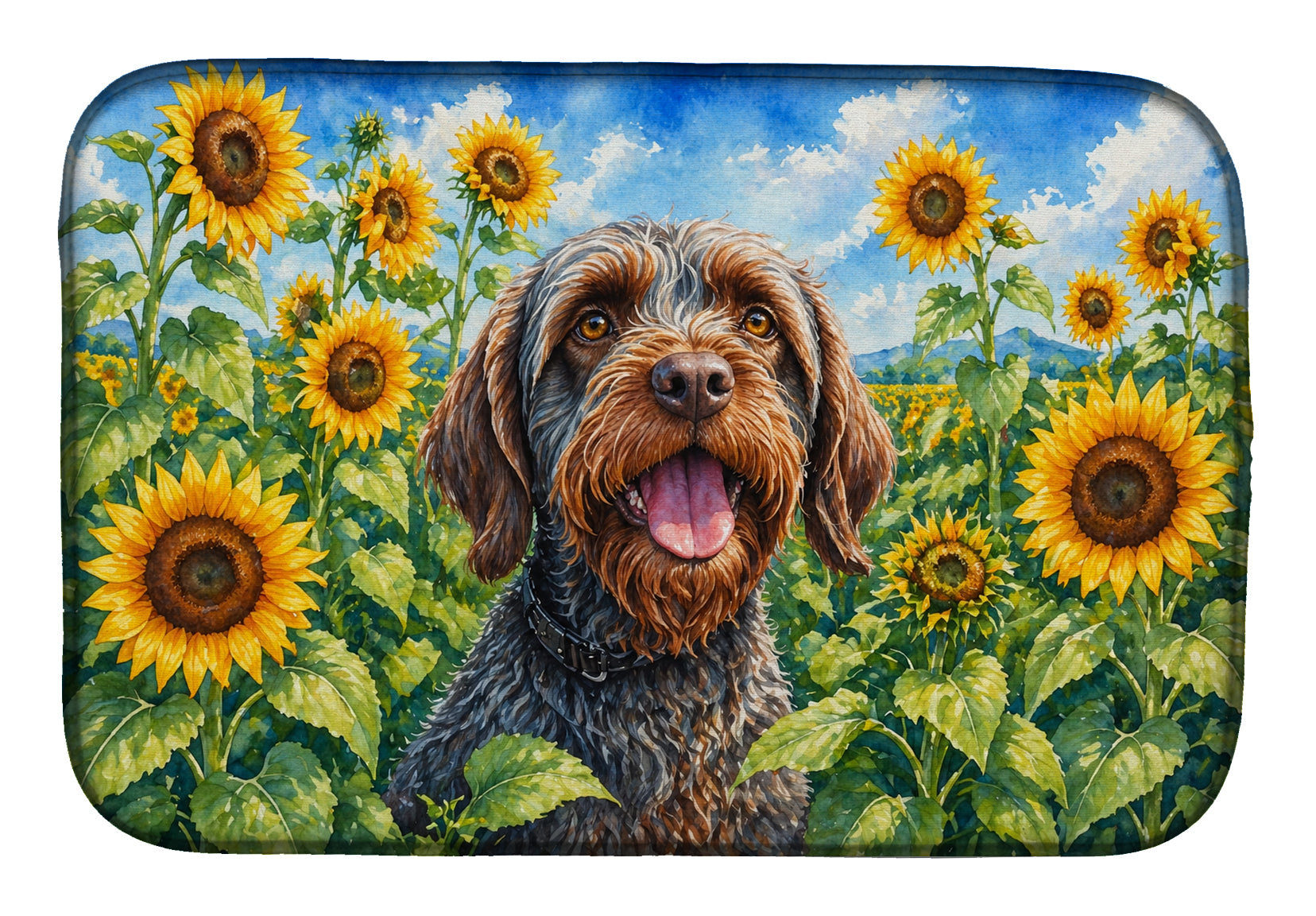 Wirehaired Pointing Griffon in Sunflowers Dish Drying Mat Absorbent Dish Drying Mat Pad for Kitchen Counter Dish Drainer Mat for Countertop, 14 x 21", Multicolor