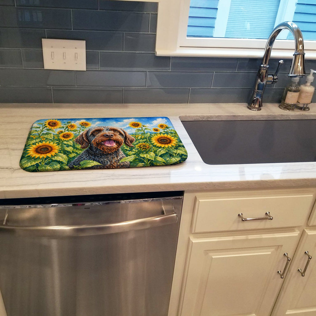 Wirehaired Pointing Griffon in Sunflowers Dish Drying Mat Absorbent Dish Drying Mat Pad for Kitchen Counter Dish Drainer Mat for Countertop, 14 x 21", Multicolor