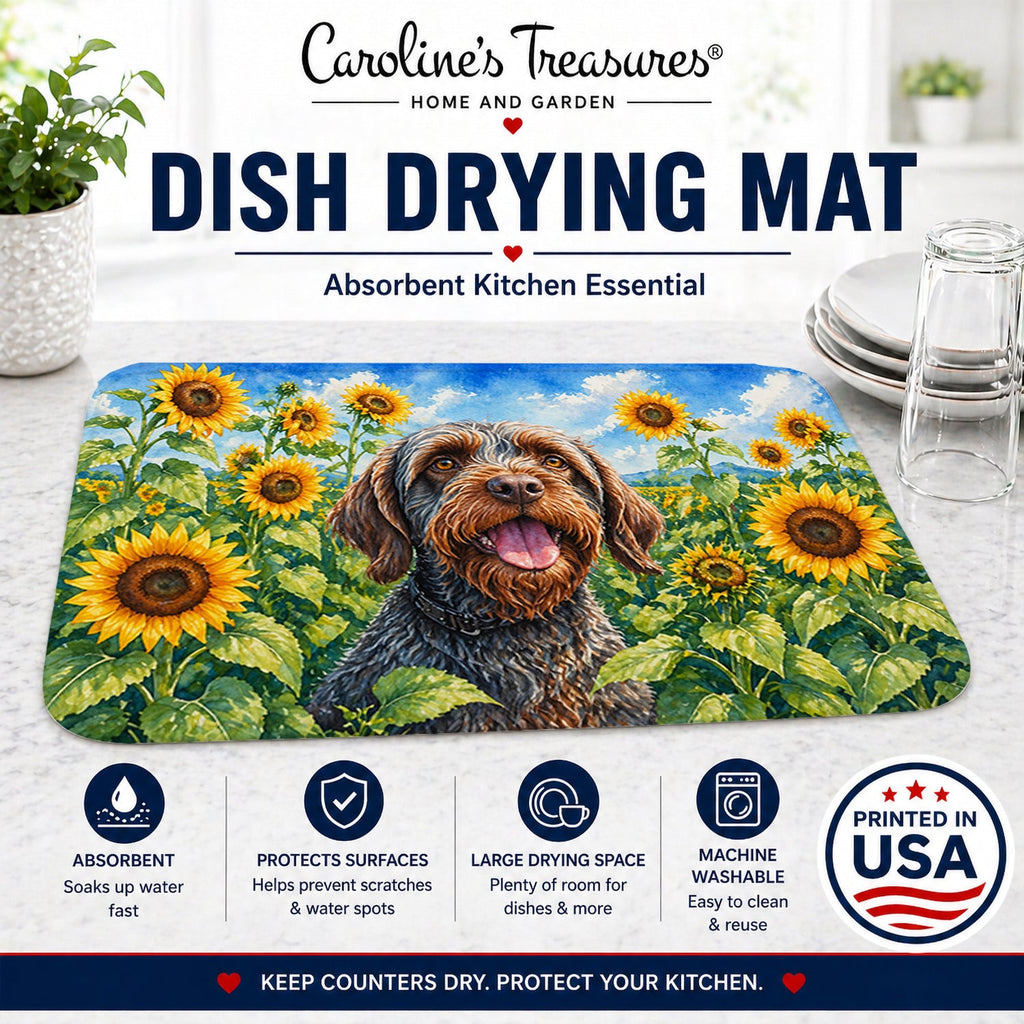Wirehaired Pointing Griffon in Sunflowers Dish Drying Mat Absorbent Dish Drying Mat Pad for Kitchen Counter Dish Drainer Mat for Countertop, 14 x 21", Multicolor