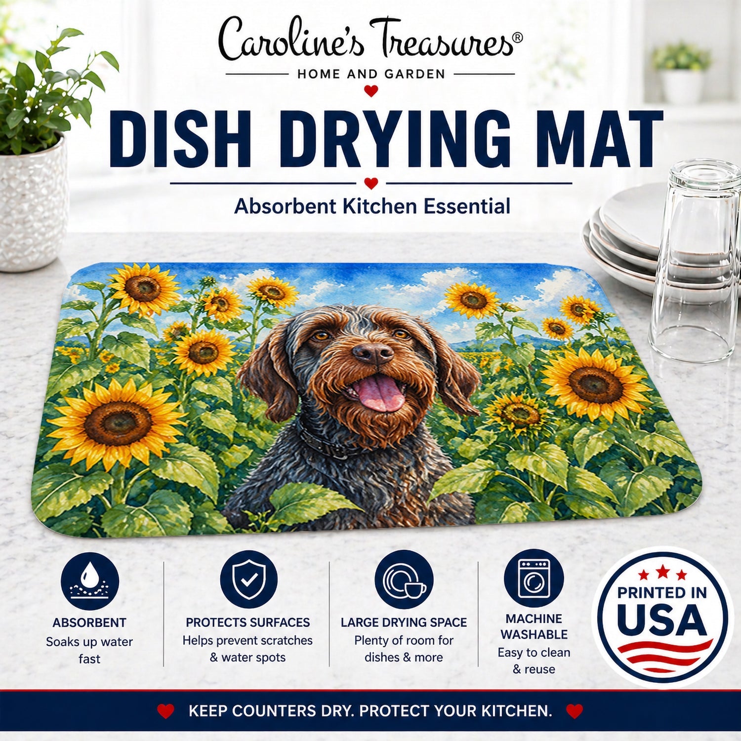 Wirehaired Pointing Griffon in Sunflowers Dish Drying Mat Absorbent Dish Drying Mat Pad for Kitchen Counter Dish Drainer Mat for Countertop, 14 x 21", Multicolor