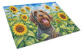 Wirehaired Pointing Griffon in Sunflowers Cutting Board Tempered Glass Kitchen Cutting Surface, Heat Resistant Chopping Board with Non-Slip Feet, Decorative Food Prep & Serving