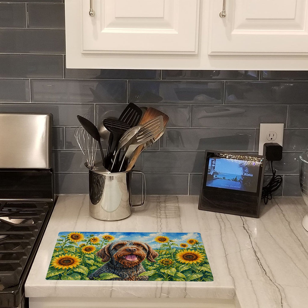 Wirehaired Pointing Griffon in Sunflowers Cutting Board Tempered Glass Kitchen Cutting Surface, Heat Resistant Chopping Board with Non-Slip Feet, Decorative Food Prep & Serving