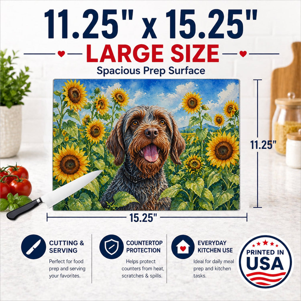 Wirehaired Pointing Griffon in Sunflowers Cutting Board Tempered Glass Kitchen Cutting Surface, Heat Resistant Chopping Board with Non-Slip Feet, Decorative Food Prep & Serving