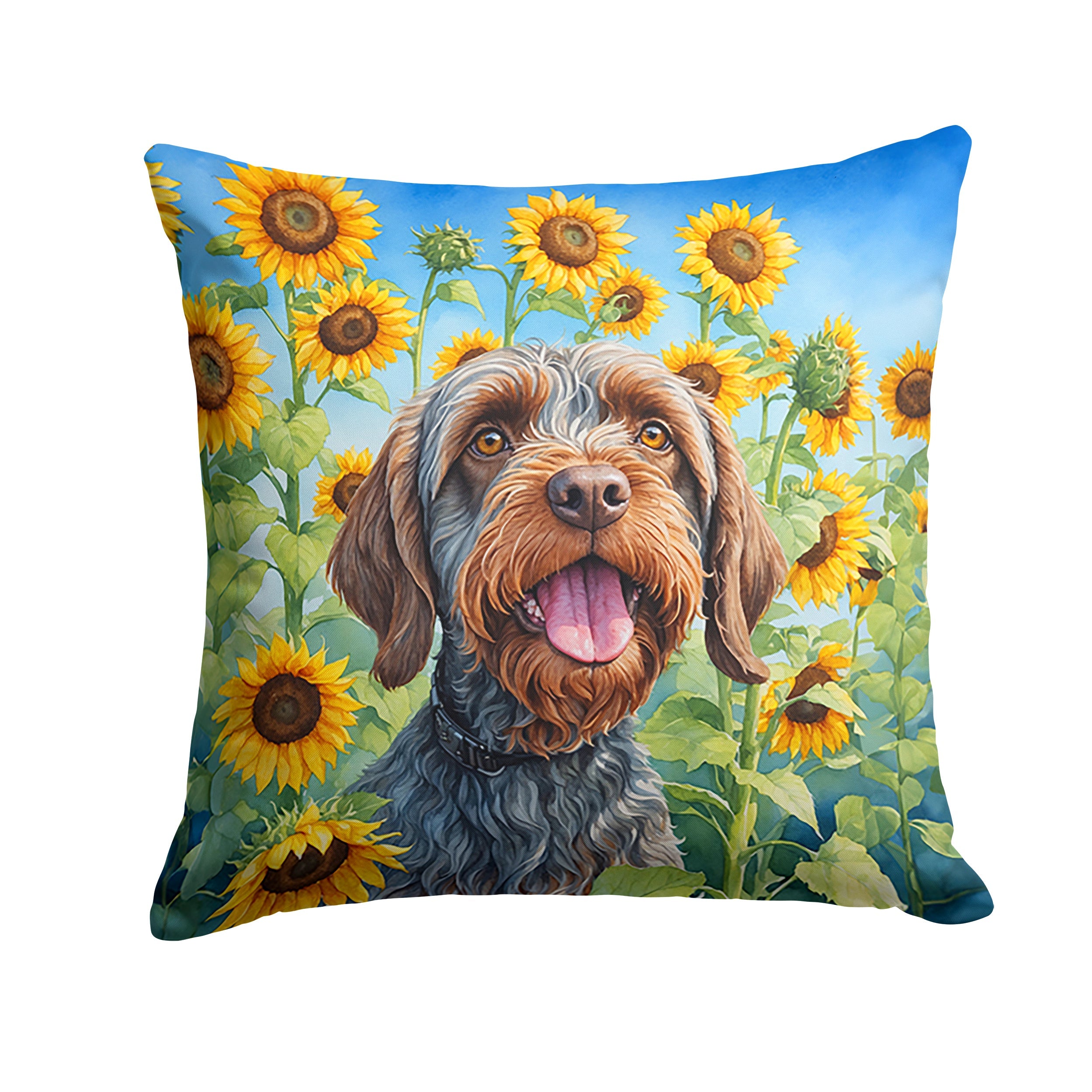 Wirehaired Pointing Griffon in Sunflowers Decorative Throw Pillow 18x18 Indoor Outdoor Accent Cushion, Fabric Cover with Insert for Sofa, Bed, Porch & Living Room