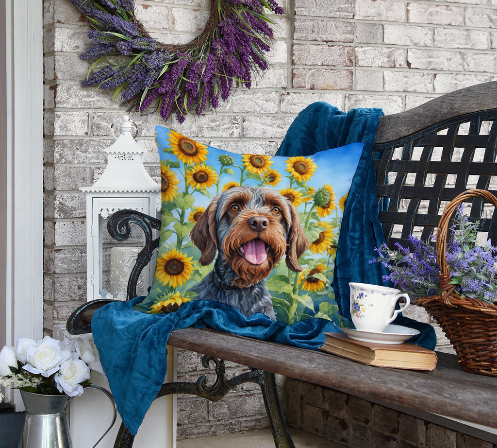 Wirehaired Pointing Griffon in Sunflowers Decorative Throw Pillow 18x18 Indoor Outdoor Accent Cushion, Fabric Cover with Insert for Sofa, Bed, Porch & Living Room