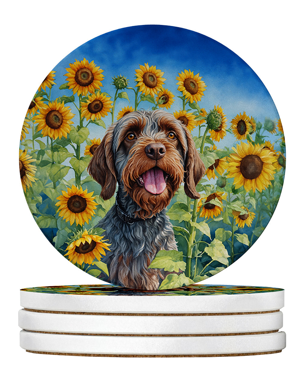 Wirehaired Pointing Griffon in Sunflowers Large Sandstone Coasters Pack of 4 Absorbent Round Coasters Decor Gifts for Men or Women, 4 in, Multicolor