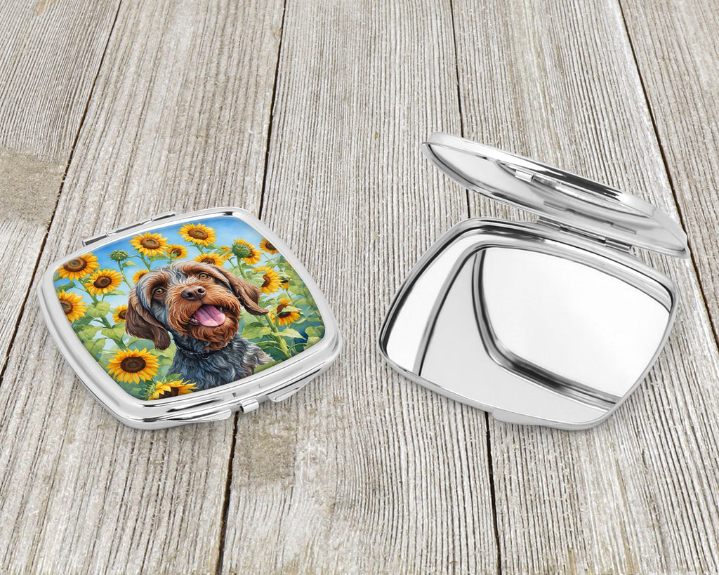 Wirehaired Pointing Griffon in Sunflowers Compact Mirror Decorative Travel Makeup Mirror for Women Girls Gifts Pocket Makeup Mirror Folding Handheld