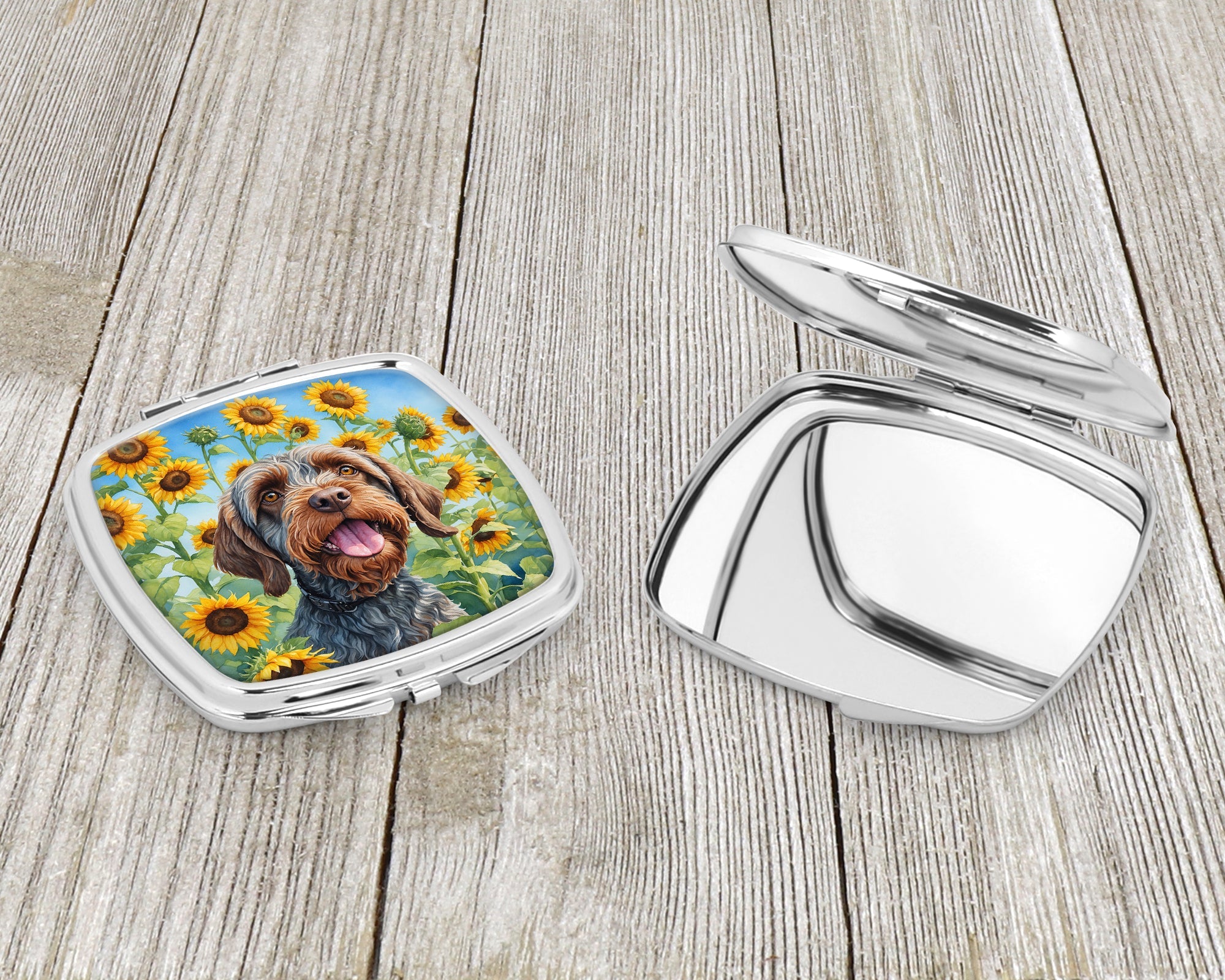 Wirehaired Pointing Griffon in Sunflowers Compact Mirror Decorative Travel Makeup Mirror for Women Girls Gifts Pocket Makeup Mirror Folding Handheld