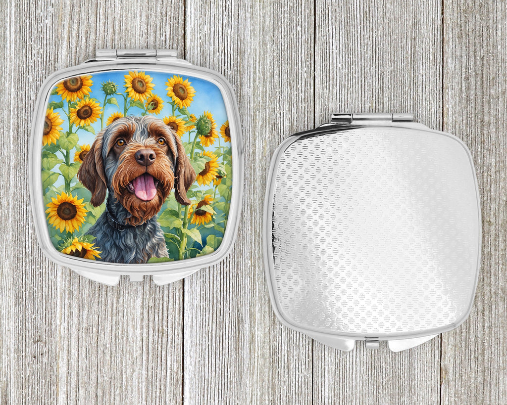 Wirehaired Pointing Griffon in Sunflowers Compact Mirror Decorative Travel Makeup Mirror for Women Girls Gifts Pocket Makeup Mirror Folding Handheld