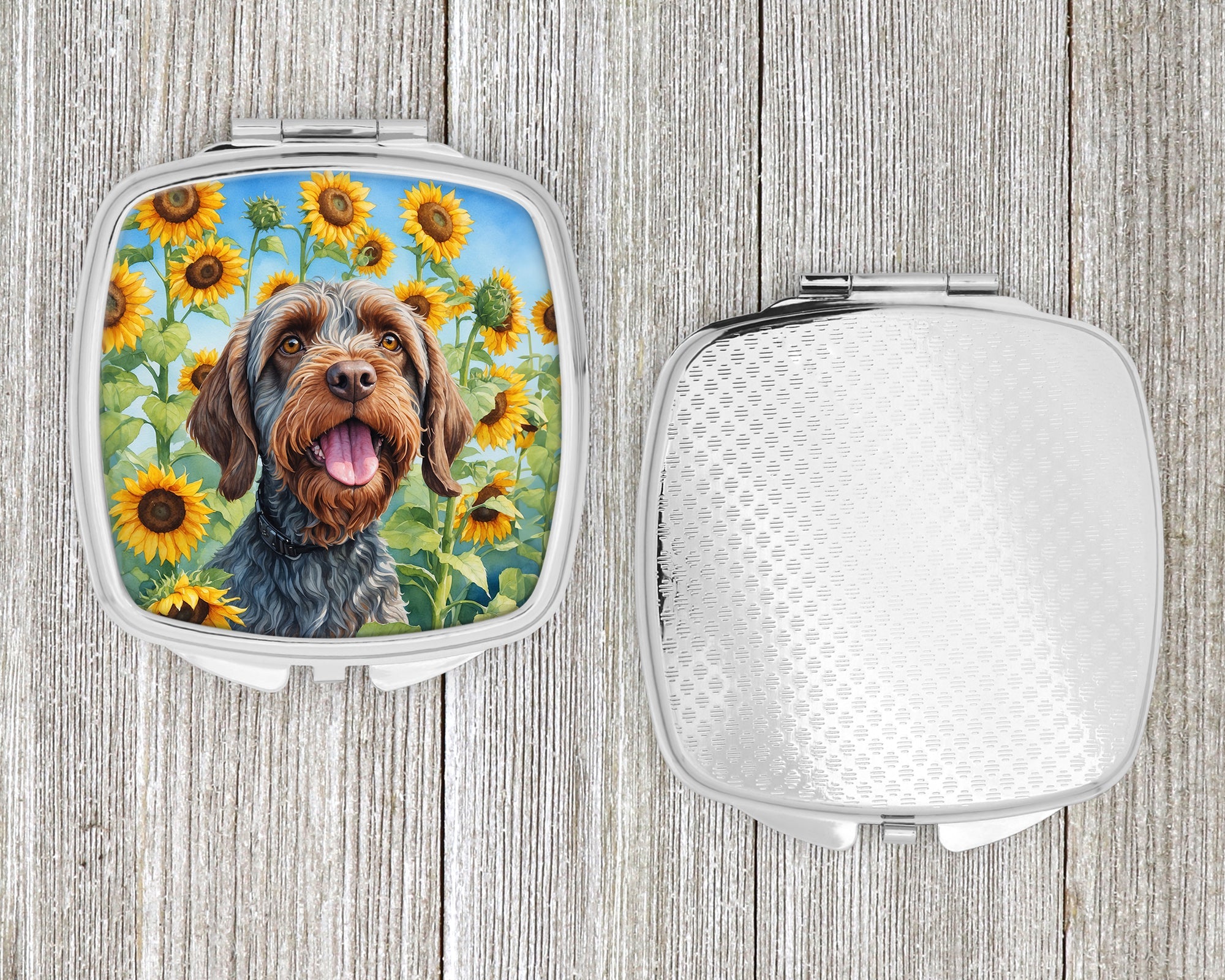 Wirehaired Pointing Griffon in Sunflowers Compact Mirror Decorative Travel Makeup Mirror for Women Girls Gifts Pocket Makeup Mirror Folding Handheld