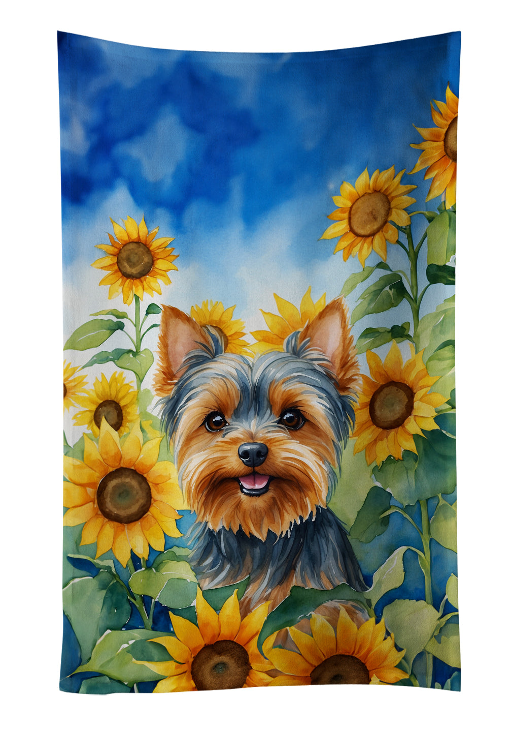 Yorkshire Terrier in Sunflowers Kitchen Towel Velour Plush Front and Cotton Loop Back Machine Washable