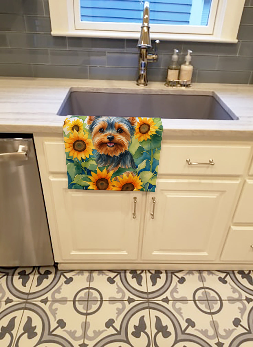 Yorkshire Terrier in Sunflowers Kitchen Towel Velour Plush Front and Cotton Loop Back Machine Washable