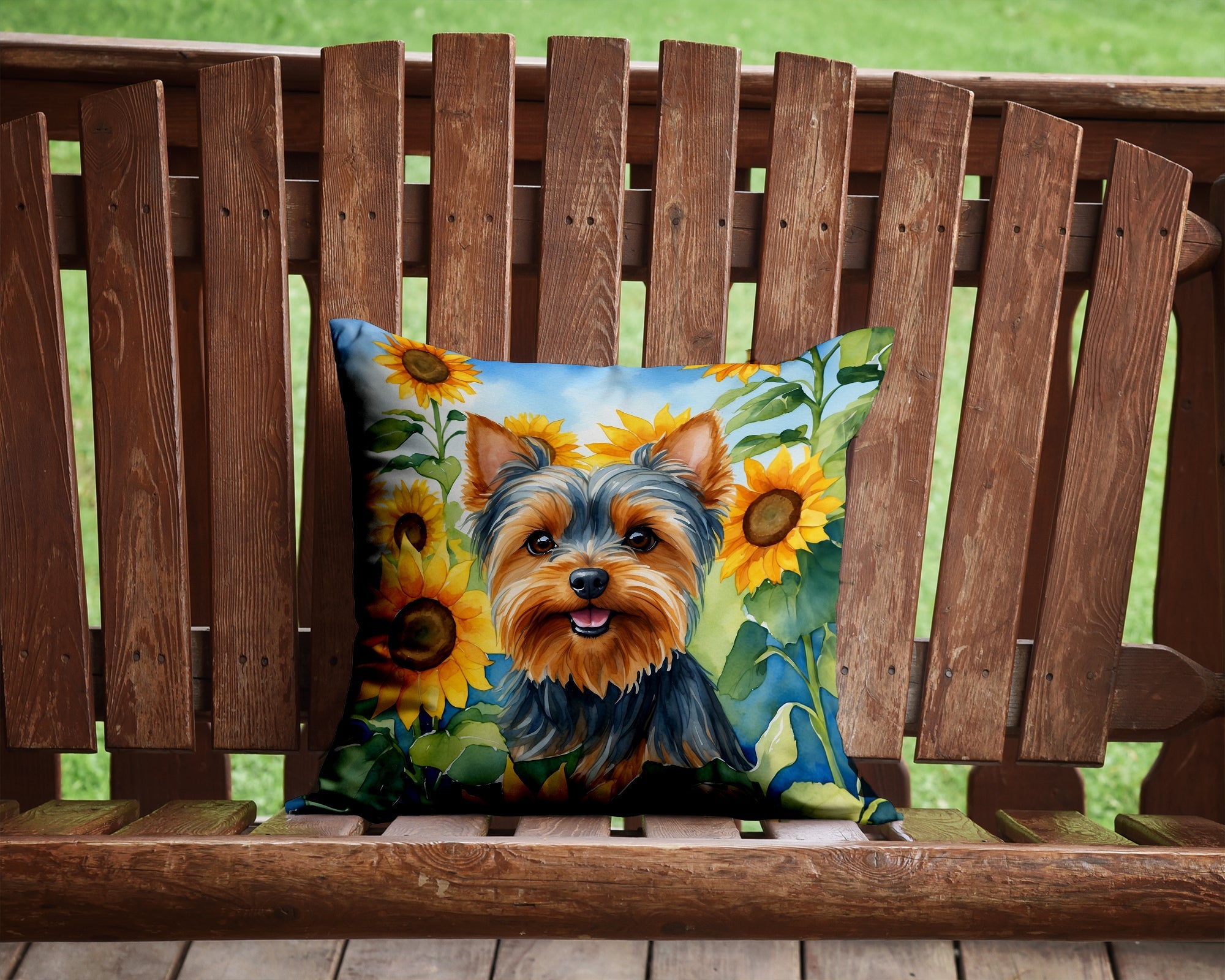 Yorkshire Terrier in Sunflowers Decorative Throw Pillow 14x14 Indoor Outdoor Accent Cushion, Fabric Cover with Insert for Sofa, Bed, Porch & Living Room