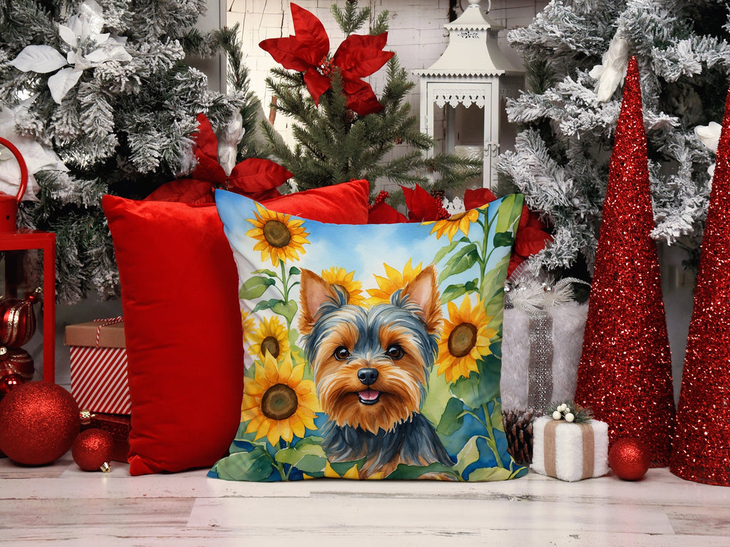 Yorkshire Terrier in Sunflowers Decorative Throw Pillow 14x14 Indoor Outdoor Accent Cushion, Fabric Cover with Insert for Sofa, Bed, Porch & Living Room