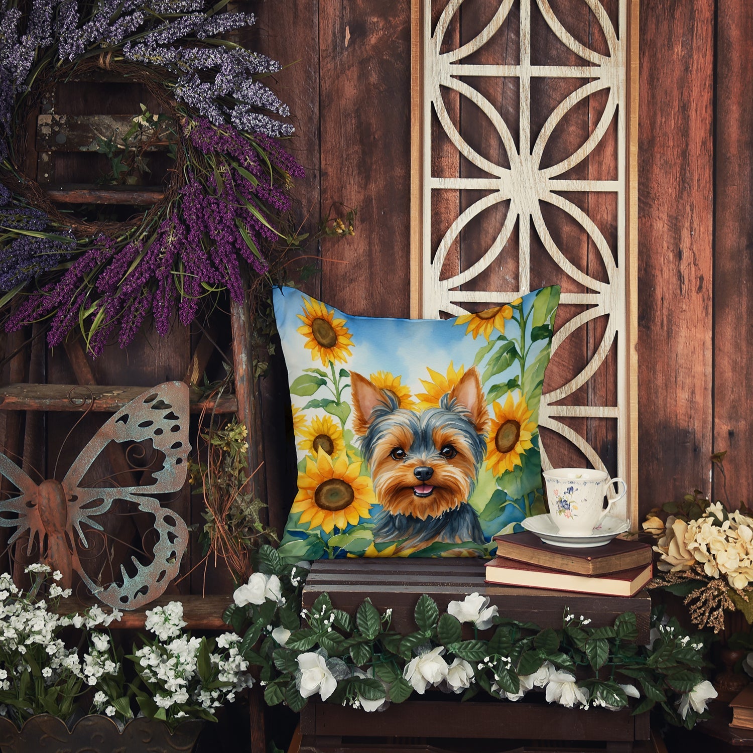 Yorkshire Terrier in Sunflowers Decorative Throw Pillow 18x18 Indoor Outdoor Accent Cushion, Fabric Cover with Insert for Sofa, Bed, Porch & Living Room