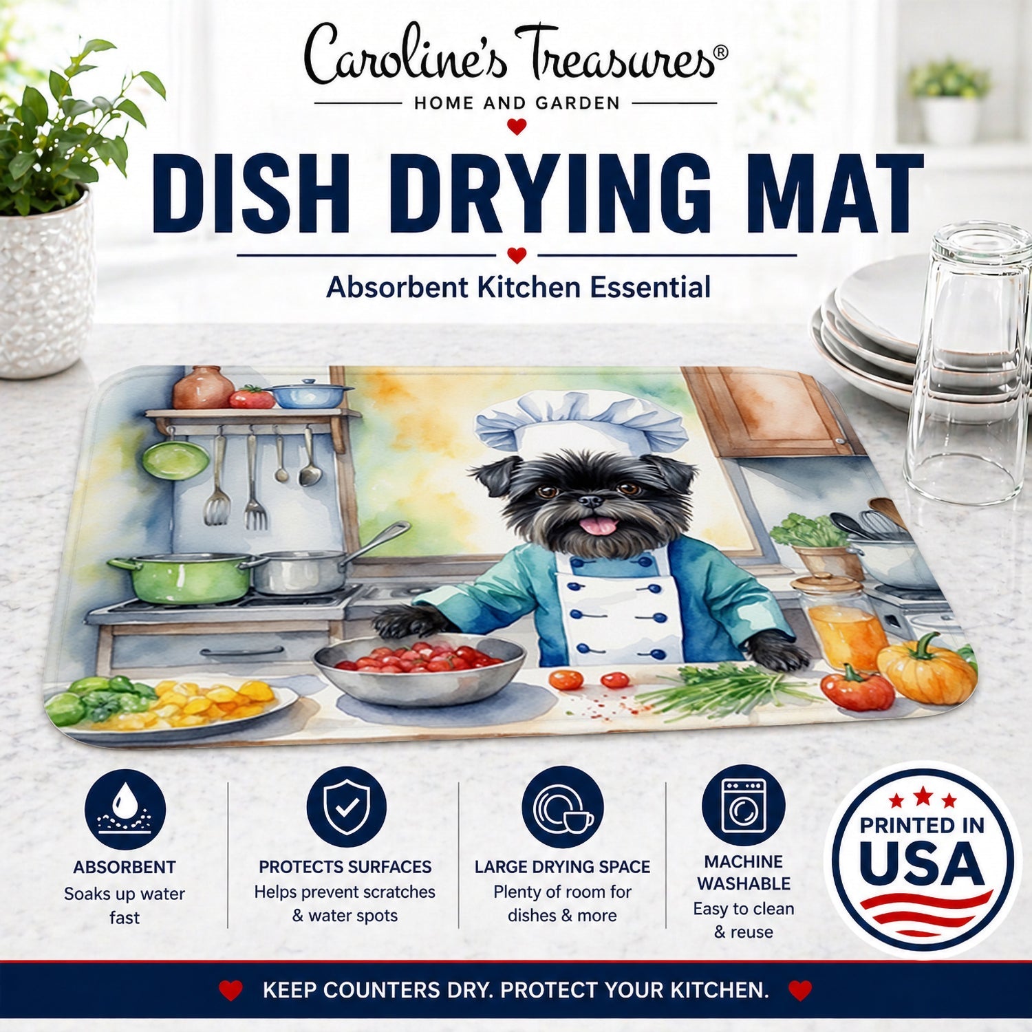Affenpinscher The Chef Dish Drying Mat Absorbent Dish Drying Mat Pad for Kitchen Counter Dish Drainer Mat for Countertop, 14 x 21", Multicolor