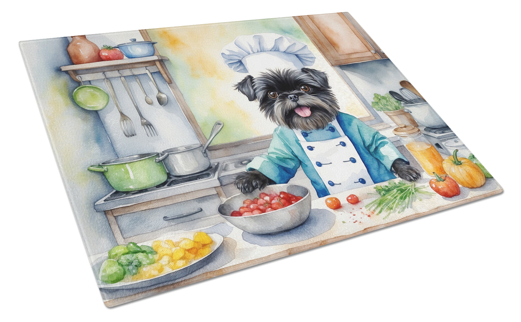 Affenpinscher The Chef Cutting Board Tempered Glass Kitchen Cutting Surface, Heat Resistant Chopping, Non-Slip Feet, Food Prep & Serving