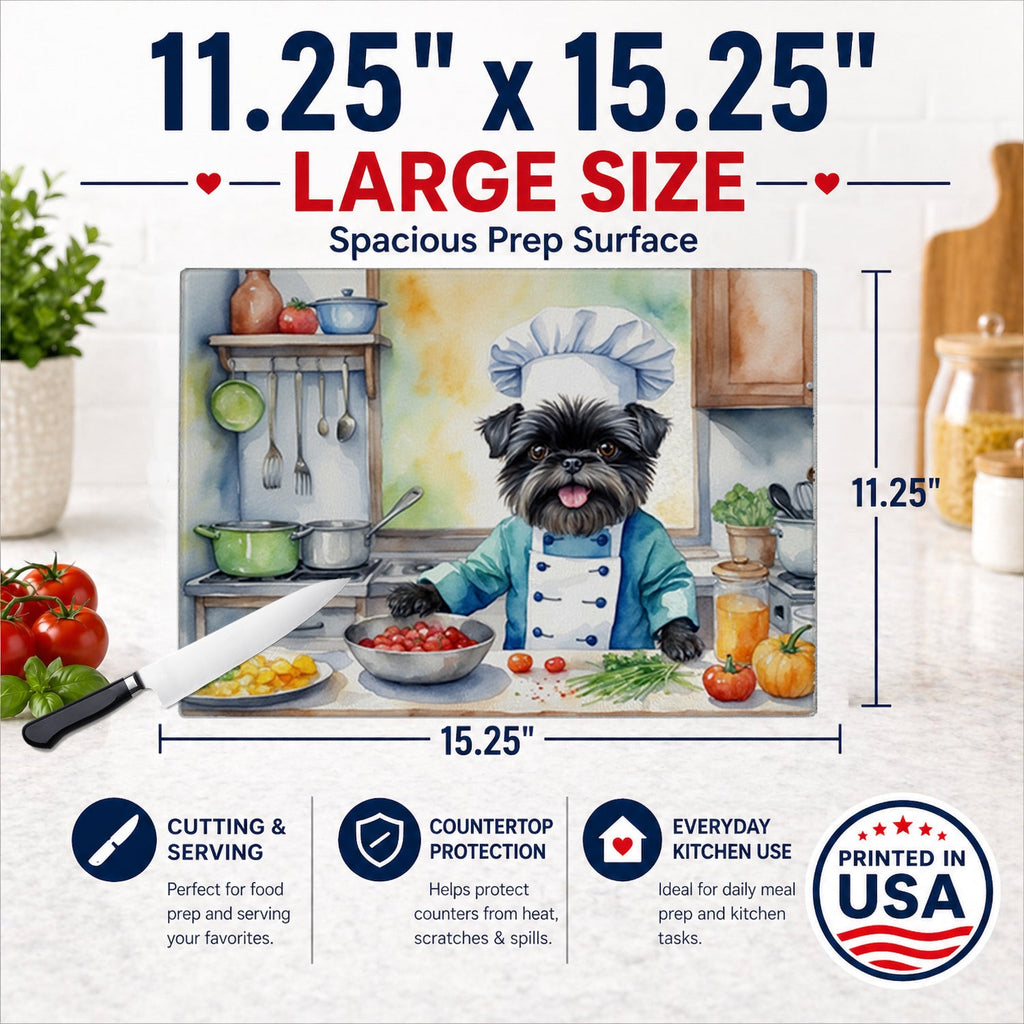 Affenpinscher The Chef Cutting Board Tempered Glass Kitchen Cutting Surface, Heat Resistant Chopping, Non-Slip Feet, Food Prep & Serving