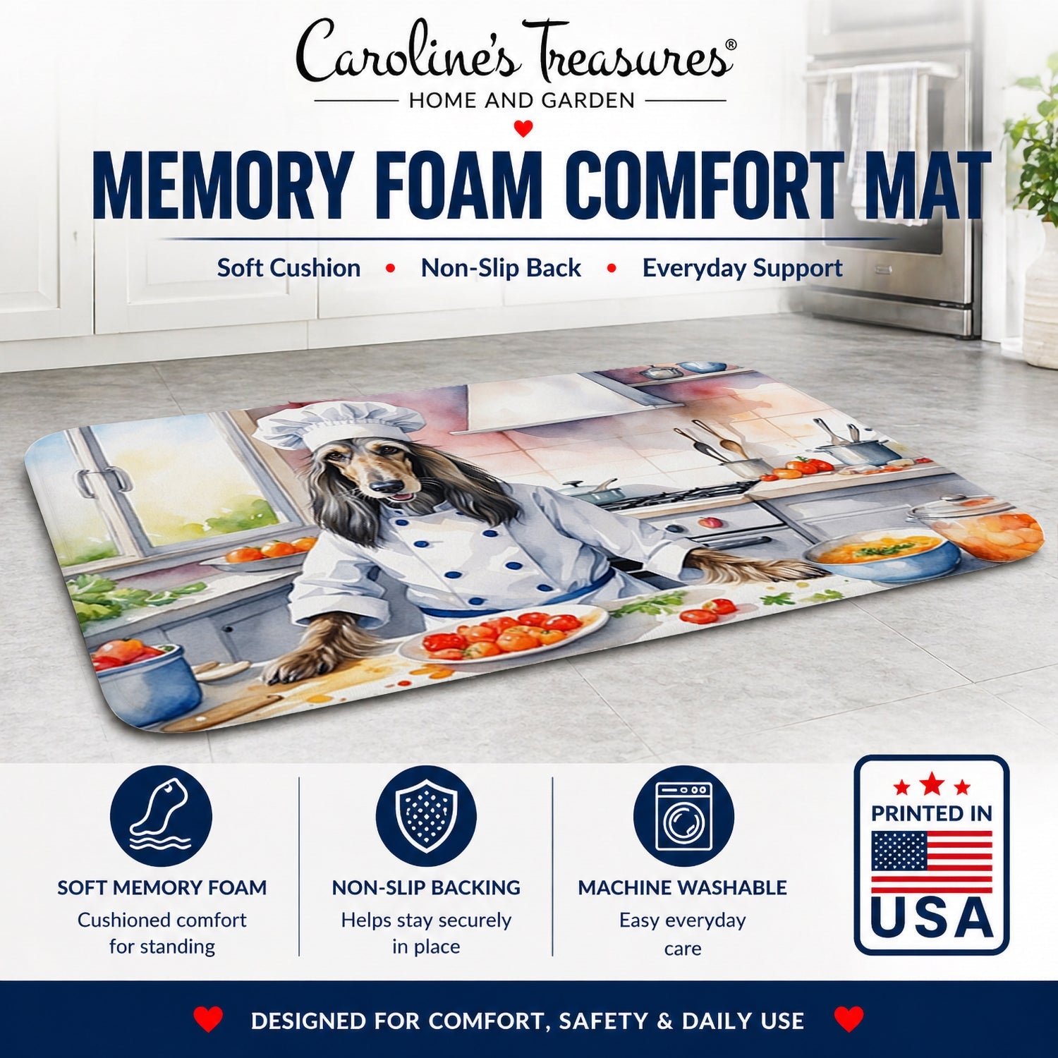 Afghan Hound The Chef Memory Foam Kitchen Mat Machine Washable Anti-Fatigue Cushion Comfort Bath or Kitchen Rug