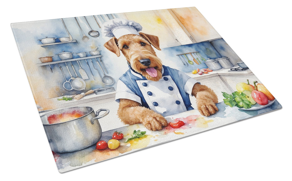 Airedale Terrier The Chef Cutting Board Tempered Glass Kitchen Cutting Surface, Heat Resistant Chopping, Non-Slip Feet, Food Prep & Serving