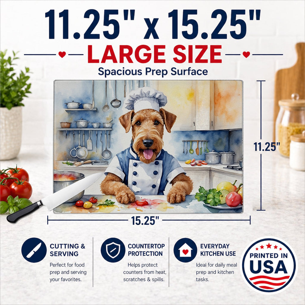 Airedale Terrier The Chef Cutting Board Tempered Glass Kitchen Cutting Surface, Heat Resistant Chopping, Non-Slip Feet, Food Prep & Serving