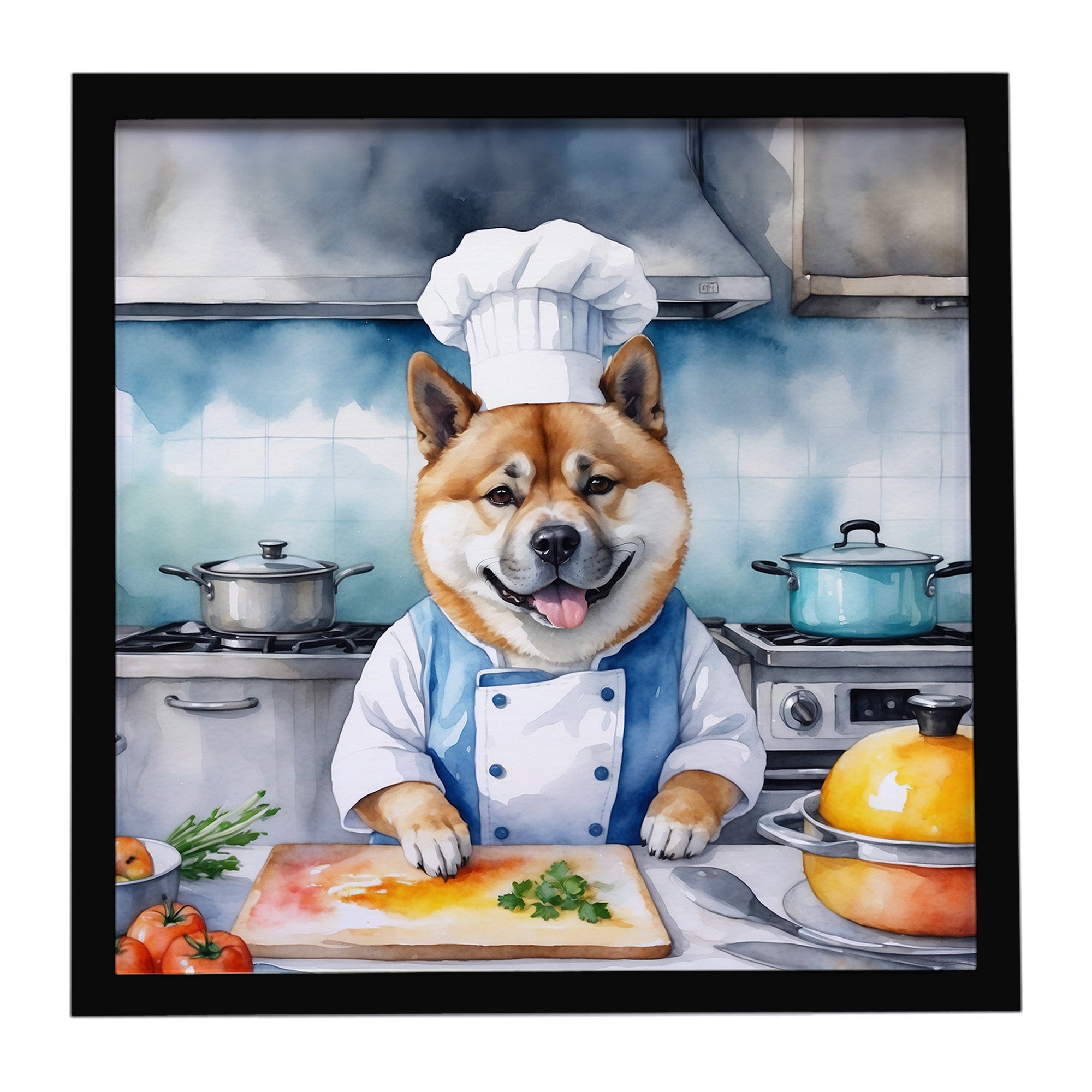 Akita The Chef Framed Metal Print Bathroom, Kitchen, Office, Home Decor Wall Art Ready to Hang, Square, 8X8