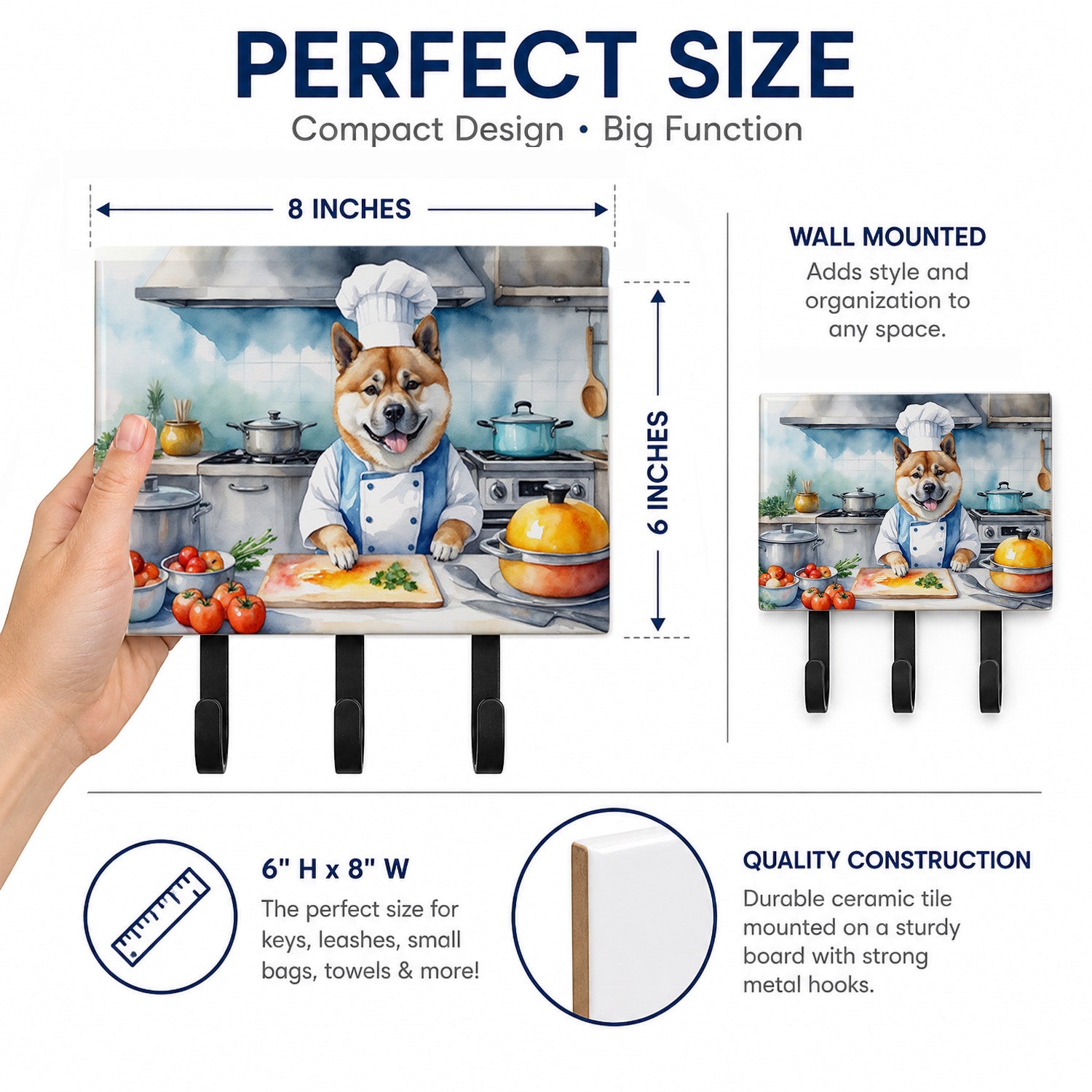 Akita The Chef Leash or Key Holder Wall Hooks, Coat Rack Wall Mount, for Hanging Keys, Towels, Aprons, Leashes