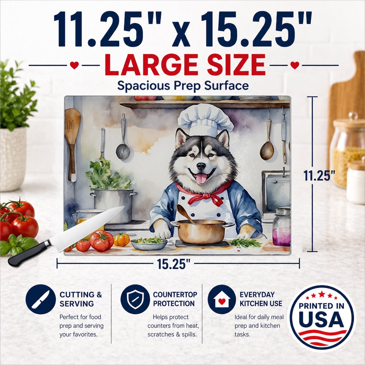Alaskan Malamute The Chef Cutting Board Tempered Glass Kitchen Cutting Surface, Heat Resistant Chopping, Non-Slip Feet, Food Prep & Serving