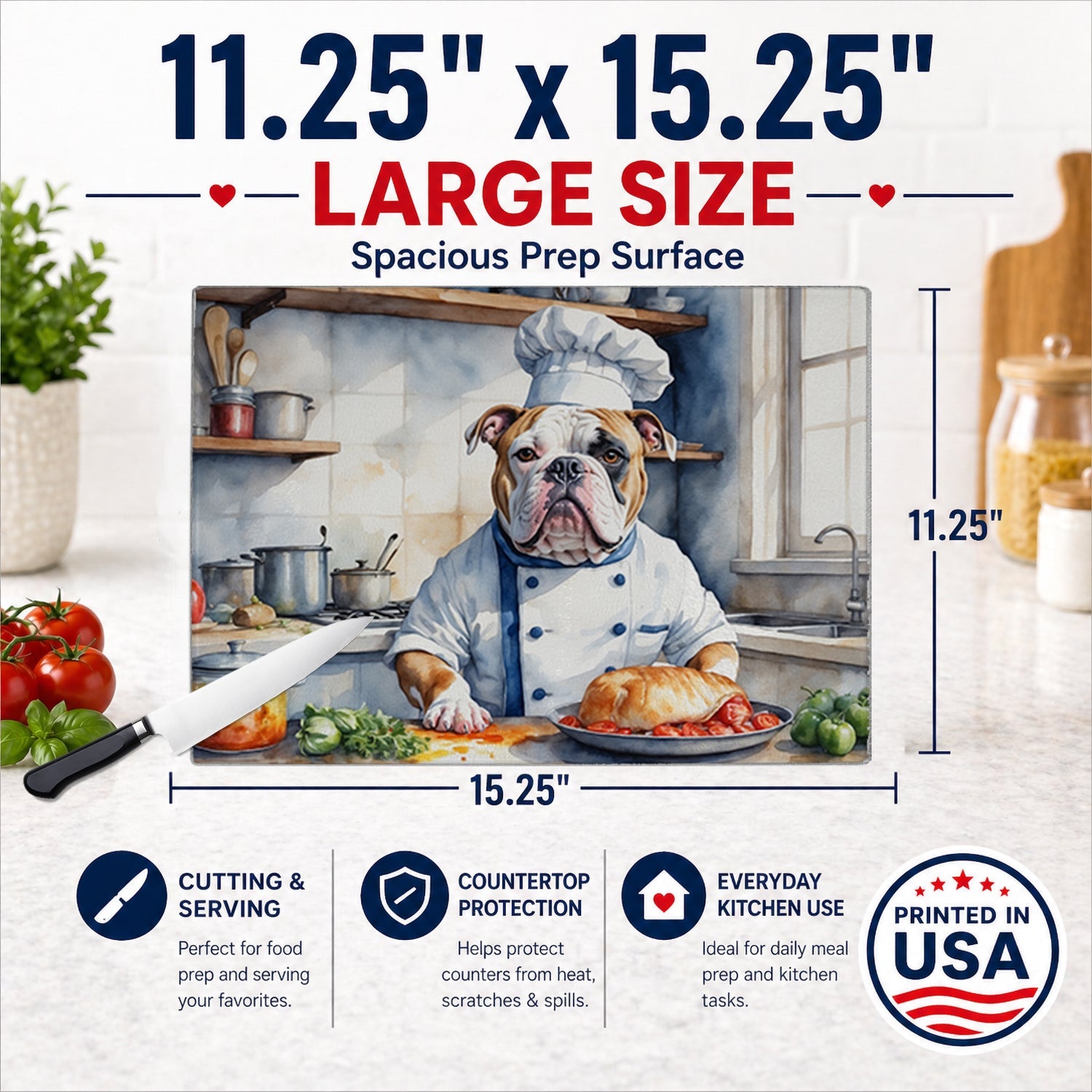American Bulldog The Chef Cutting Board Tempered Glass Kitchen Cutting Surface, Heat Resistant Chopping, Non-Slip Feet, Food Prep & Serving