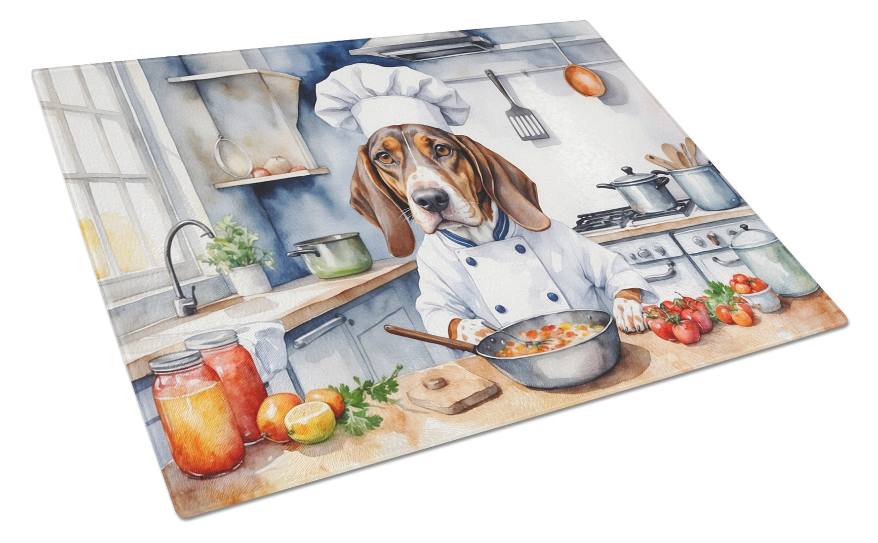 American English Coonhound The Chef Cutting Board Tempered Glass Kitchen Cutting Surface, Heat Resistant Chopping, Non-Slip Feet, Food Prep & Serving