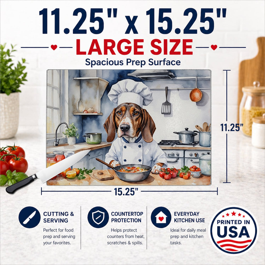 American English Coonhound The Chef Cutting Board Tempered Glass Kitchen Cutting Surface, Heat Resistant Chopping, Non-Slip Feet, Food Prep & Serving