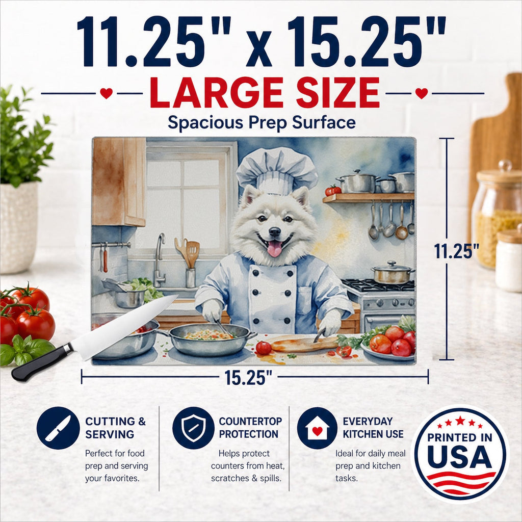 American Eskimo The Chef Cutting Board Tempered Glass Kitchen Cutting Surface, Heat Resistant Chopping, Non-Slip Feet, Food Prep & Serving