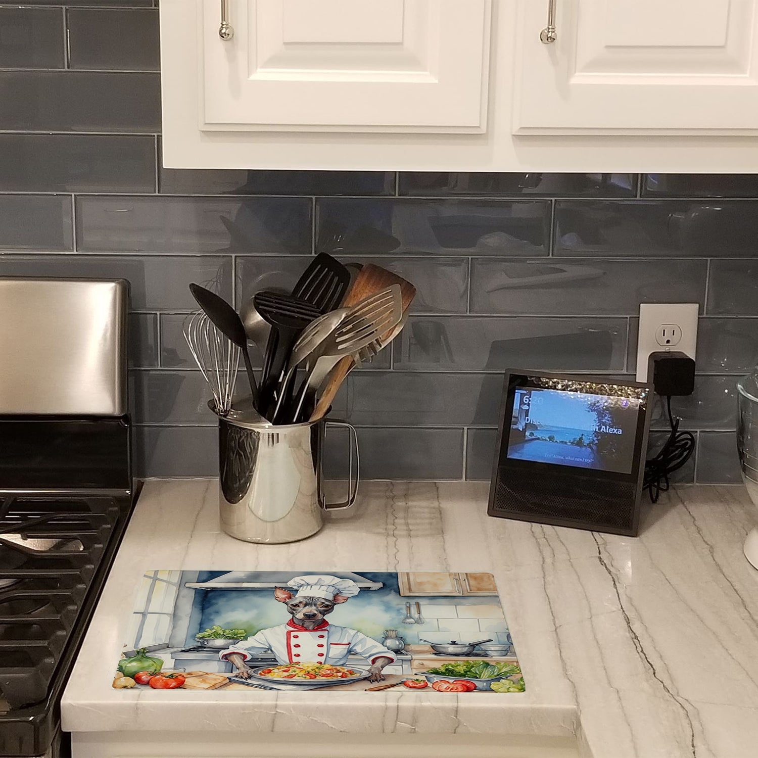 American Hairless Terrier The Chef Cutting Board Tempered Glass Kitchen Cutting Surface, Heat Resistant Chopping, Non-Slip Feet, Food Prep & Serving