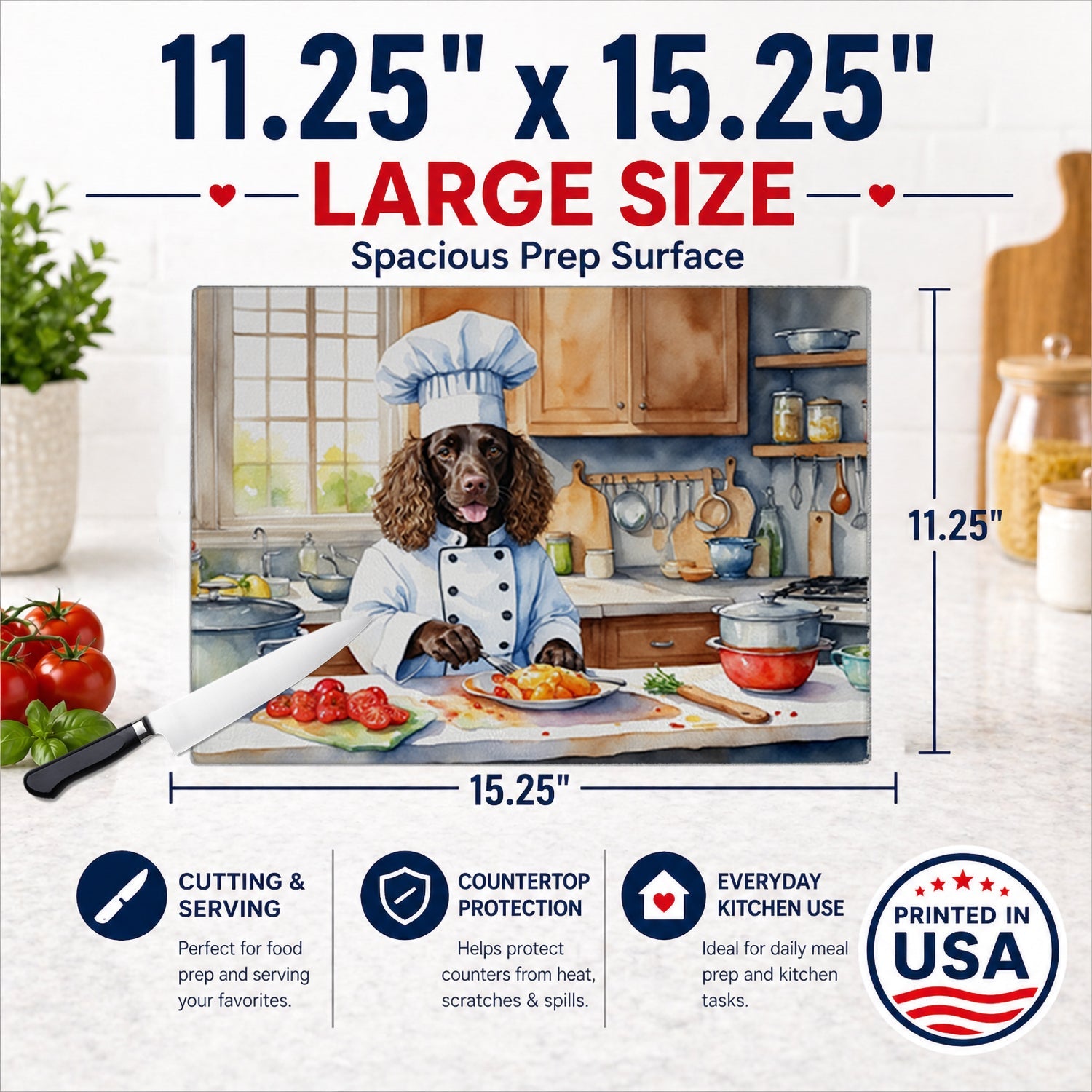 American Water Spaniel The Chef Cutting Board Tempered Glass Kitchen Cutting Surface, Heat Resistant Chopping, Non-Slip Feet, Food Prep & Serving