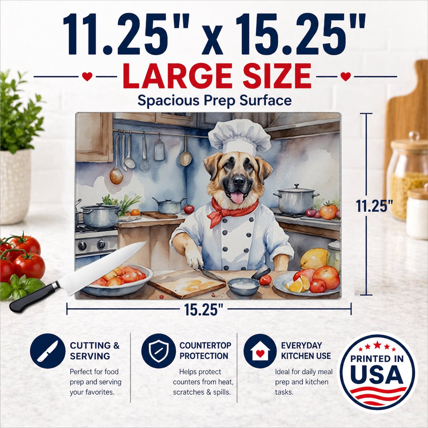 Anatolian Shepherd The Chef Cutting Board Tempered Glass Kitchen Cutting Surface, Heat Resistant Chopping, Non-Slip Feet, Food Prep & Serving