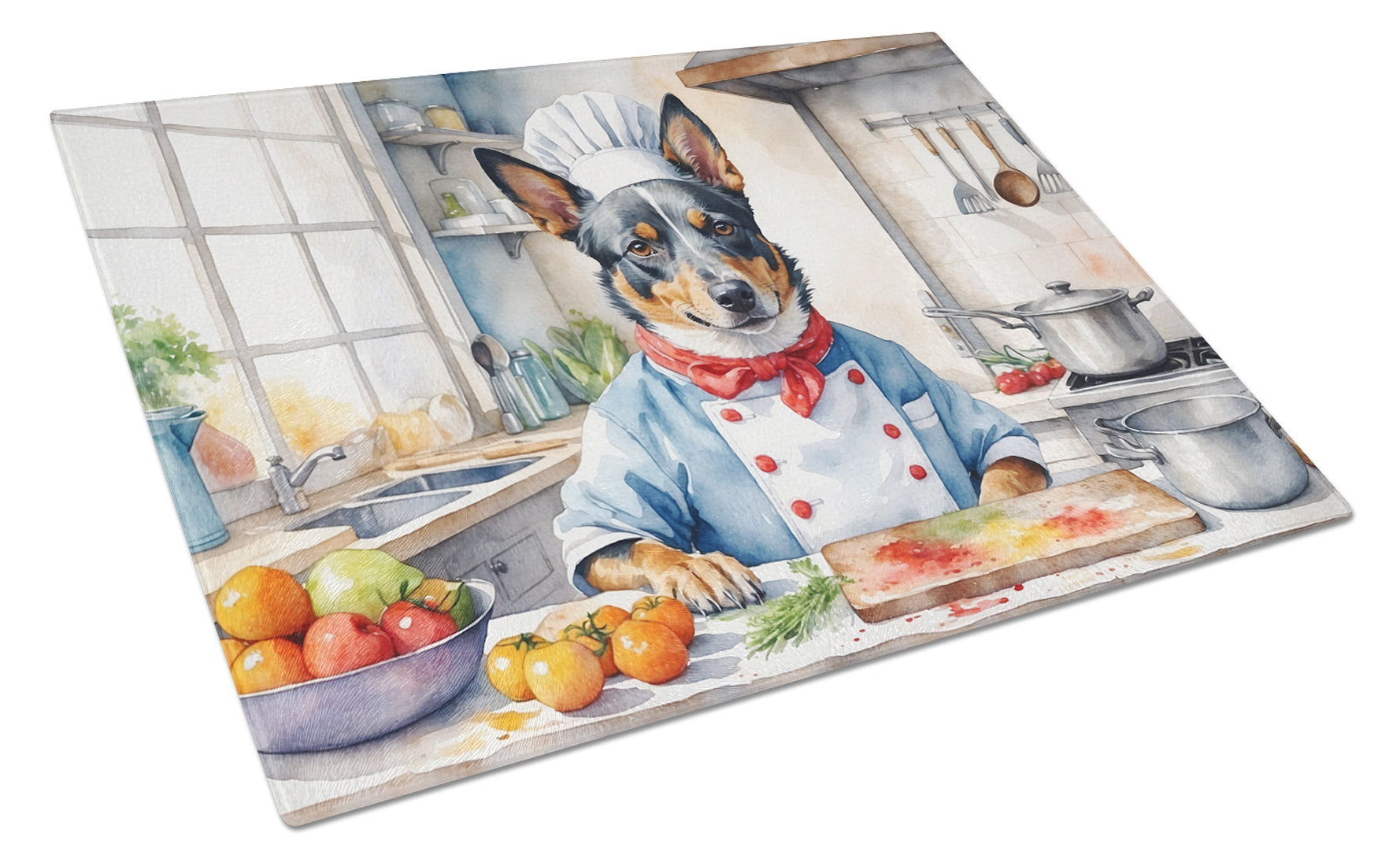 Australian Cattle Dog The Chef Cutting Board Tempered Glass Kitchen Cutting Surface, Heat Resistant Chopping, Non-Slip Feet, Food Prep & Serving