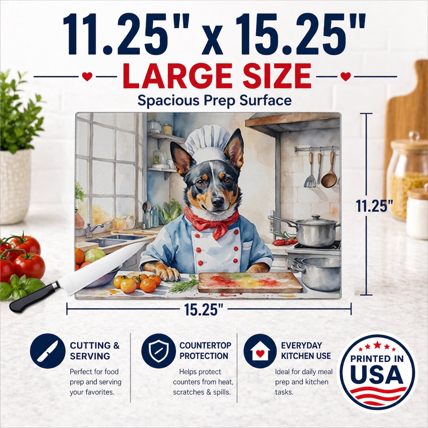 Australian Cattle Dog The Chef Cutting Board Tempered Glass Kitchen Cutting Surface, Heat Resistant Chopping, Non-Slip Feet, Food Prep & Serving