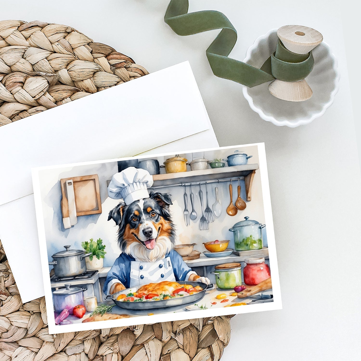 Australian Shepherd The Chef Greeting Cards Pack of 8 Blank Cards with Envelopes Whimsical A7 Size 5x7