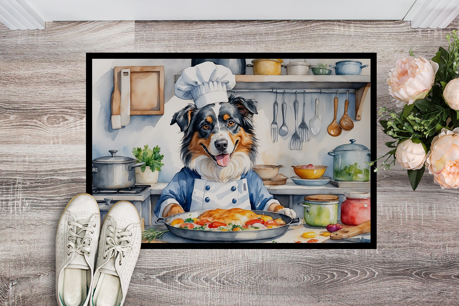 Australian Shepherd The Chef Doormat Indoor Outdoor 24H X 36W Front Door Mat Rugs for Entryway, Non Slip Washable Low Pile,