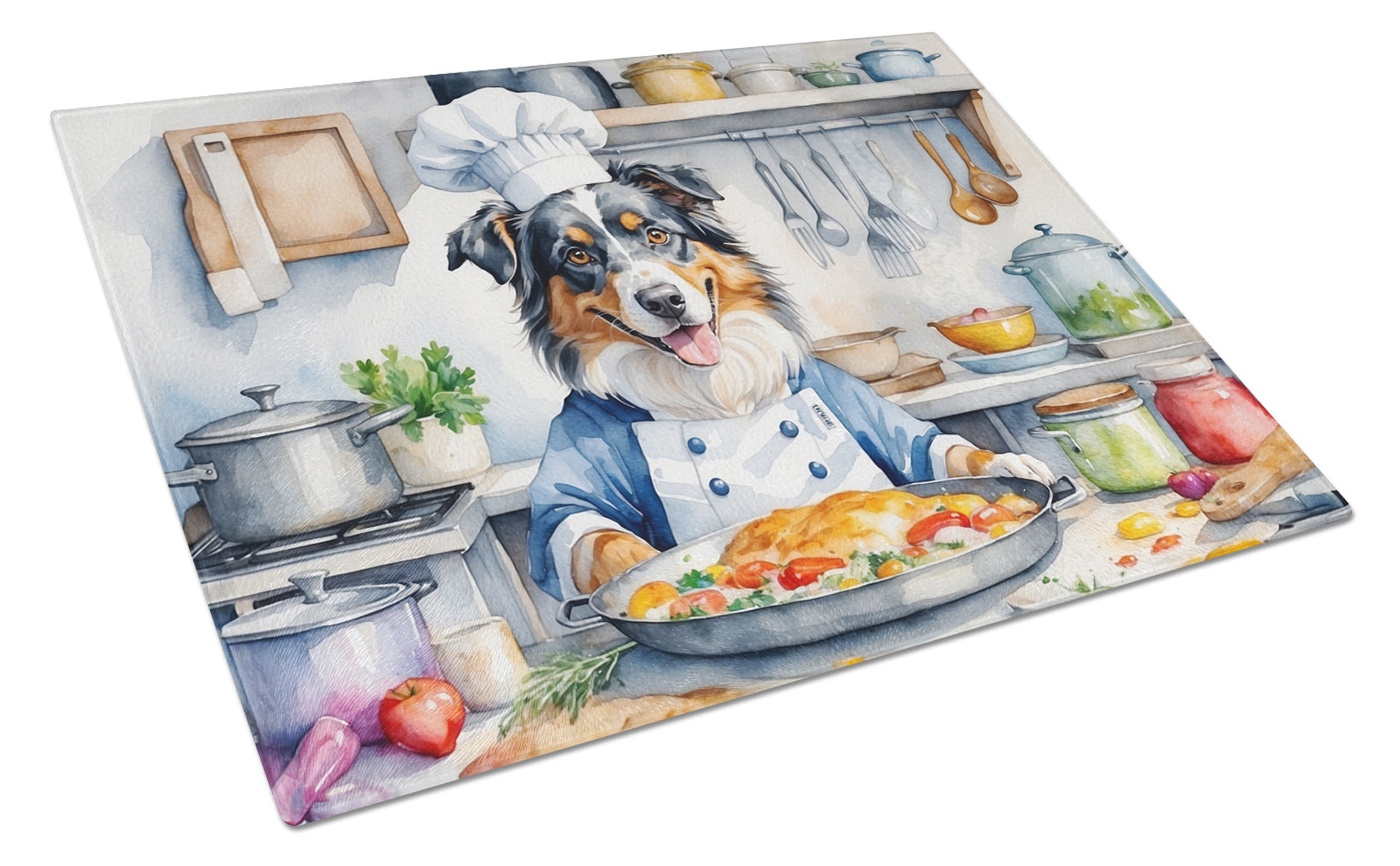 Australian Shepherd The Chef Cutting Board Tempered Glass Kitchen Cutting Surface, Heat Resistant Chopping, Non-Slip Feet, Food Prep & Serving