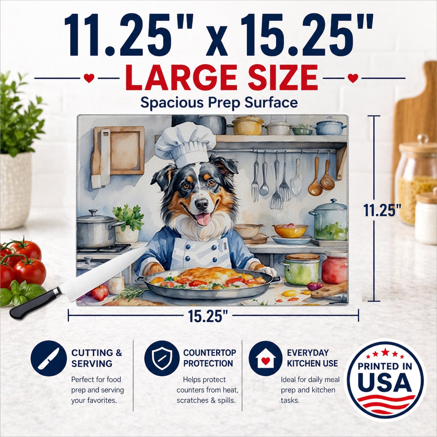 Australian Shepherd The Chef Cutting Board Tempered Glass Kitchen Cutting Surface, Heat Resistant Chopping, Non-Slip Feet, Food Prep & Serving