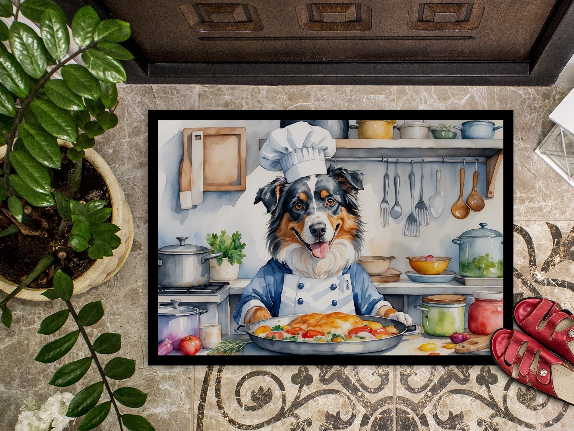 Australian Shepherd The Chef Doormat Indoor Outdoor 18H X 27W Front Door Mat Rugs for Entryway, Non Slip Washable
