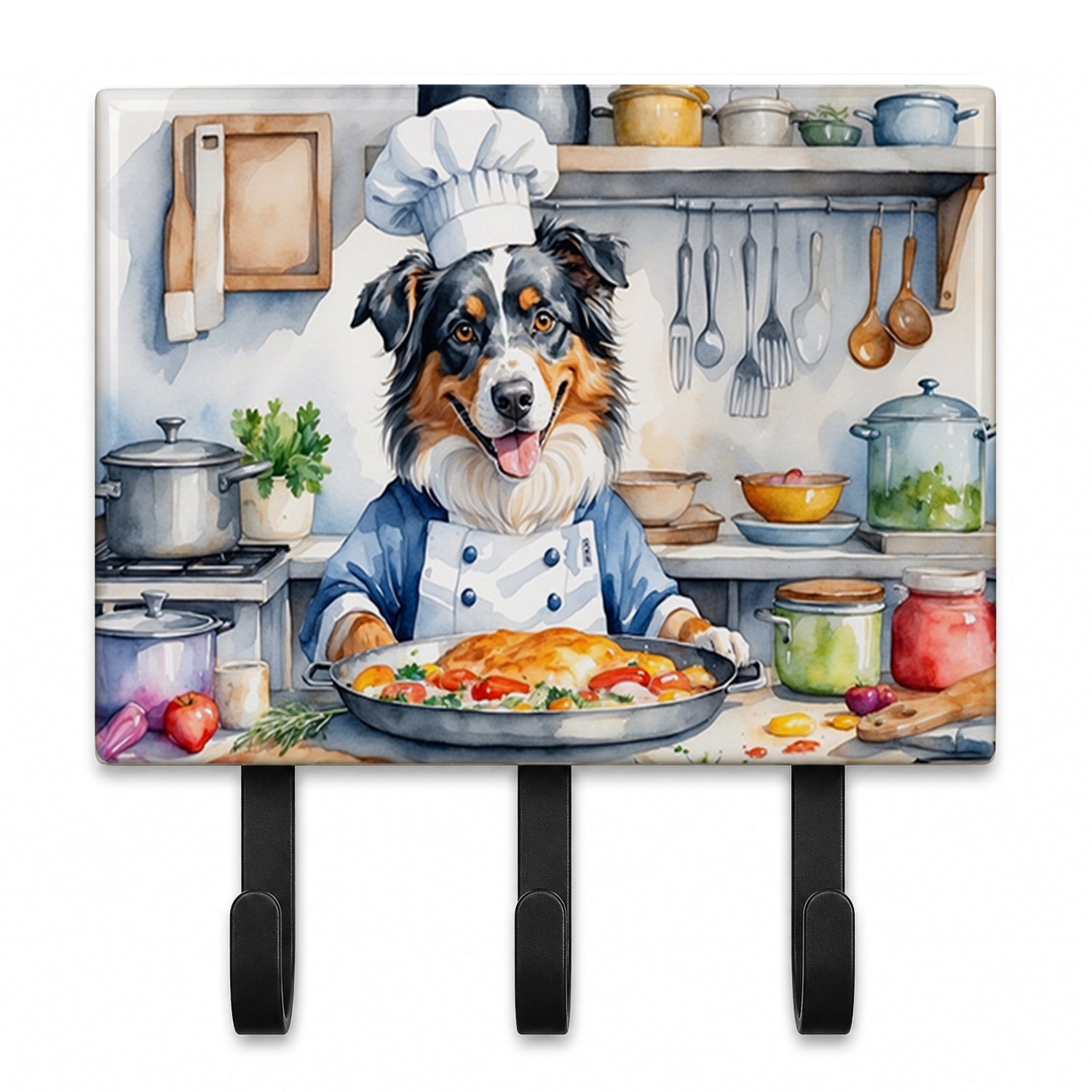 Australian Shepherd The Chef Leash or Key Holder Wall Hooks, Coat Rack Wall Mount, for Hanging Keys, Towels, Aprons, Leashes