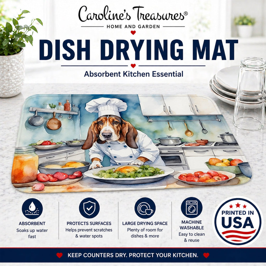 Basset Hound The Chef Dish Drying Mat Absorbent Dish Drying Mat Pad for Kitchen Counter Dish Drainer Mat for Countertop, 14 x 21", Multicolor